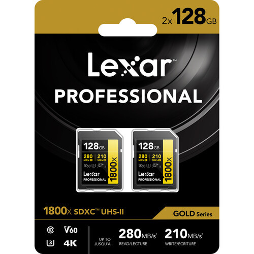 Cartão SDXC Lexar Gold Series UHS-II 128GB - 280MB/s (V60) (kit com 2 unidades)