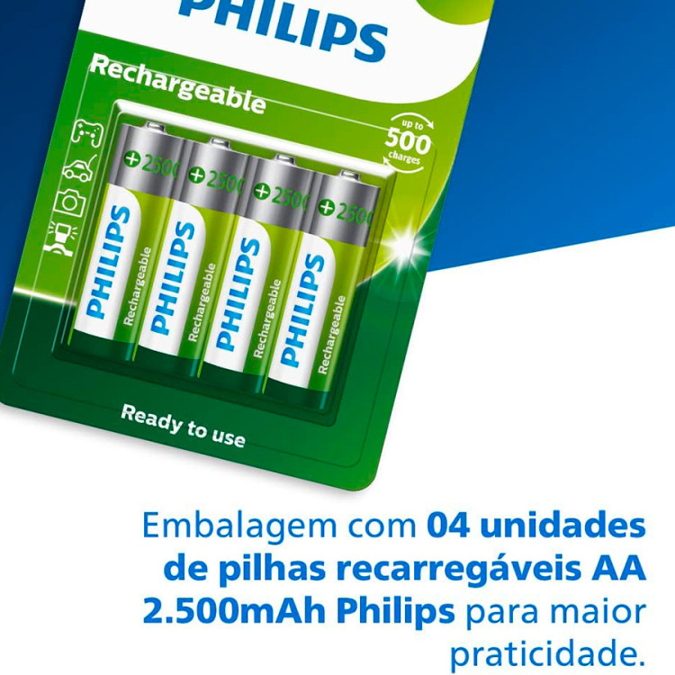 Pilha recarregável Philips AA 2500mAh R6B4RTU25/97 cartela com 4 unidades
