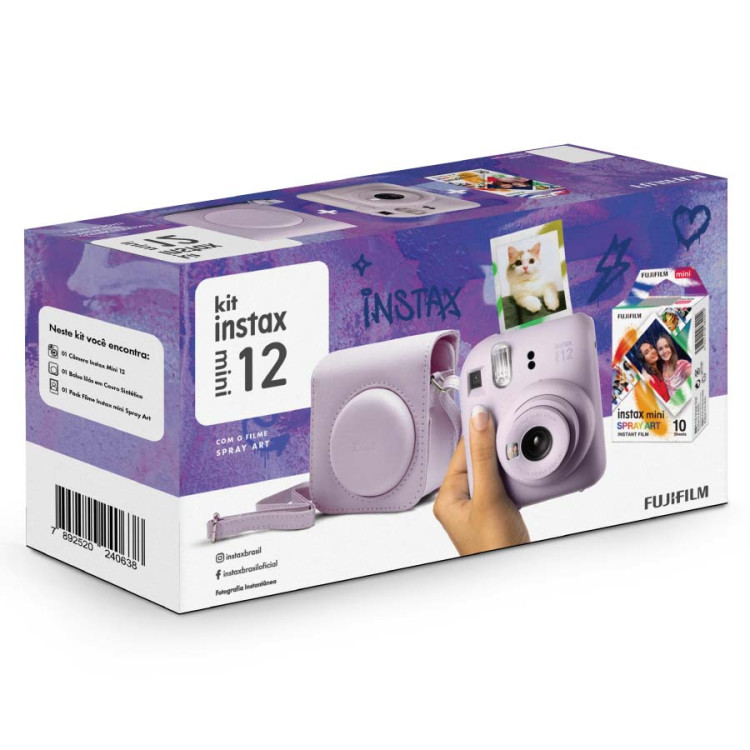 Kit câmera Instantânea Fujifilm instax mini 12 LILÁS CANDY + bolsa + filme spray com 10 fotos