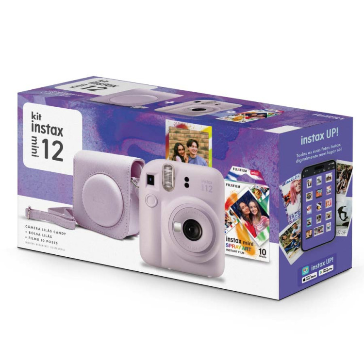 Kit câmera Instantânea Fujifilm instax mini 12 LILÁS CANDY + bolsa + filme spray com 10 fotos