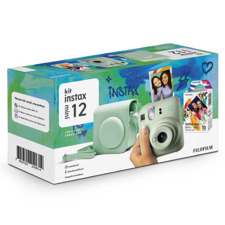 Kit câmera Instantânea Fujifilm instax mini 12 VERDE MENTA + bolsa + filme spray com 10 fotos