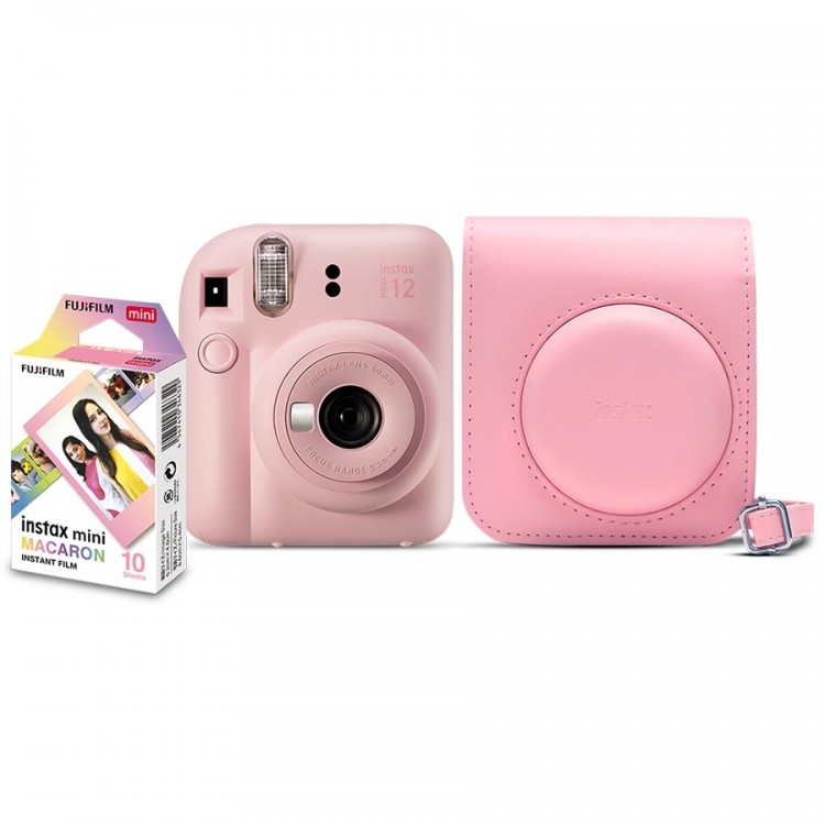 Kit câmera Instantânea Fujifilm instax mini 12 ROSA GLOSS + bolsa + filme macaron com 10 fotos