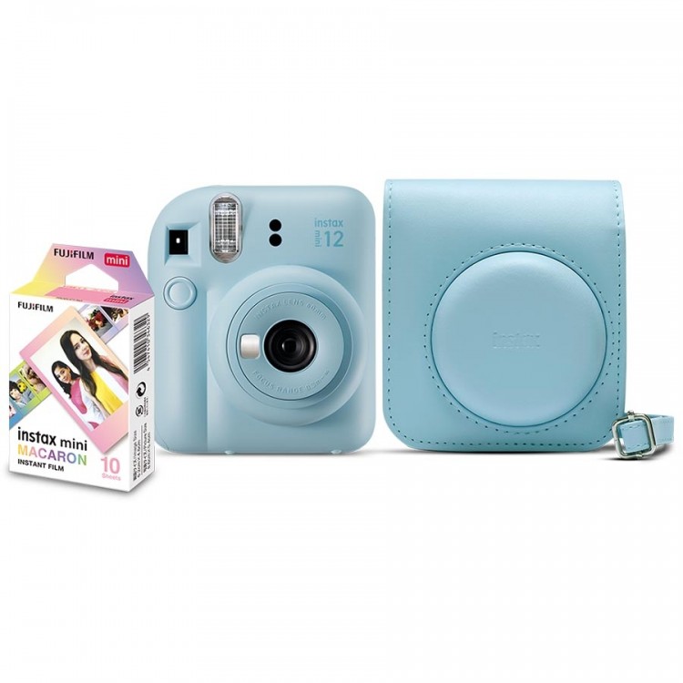 Kit câmera Instantânea Fujifilm instax mini 12 AZUL CANDY + bolsa + filme macaron com 10 fotos