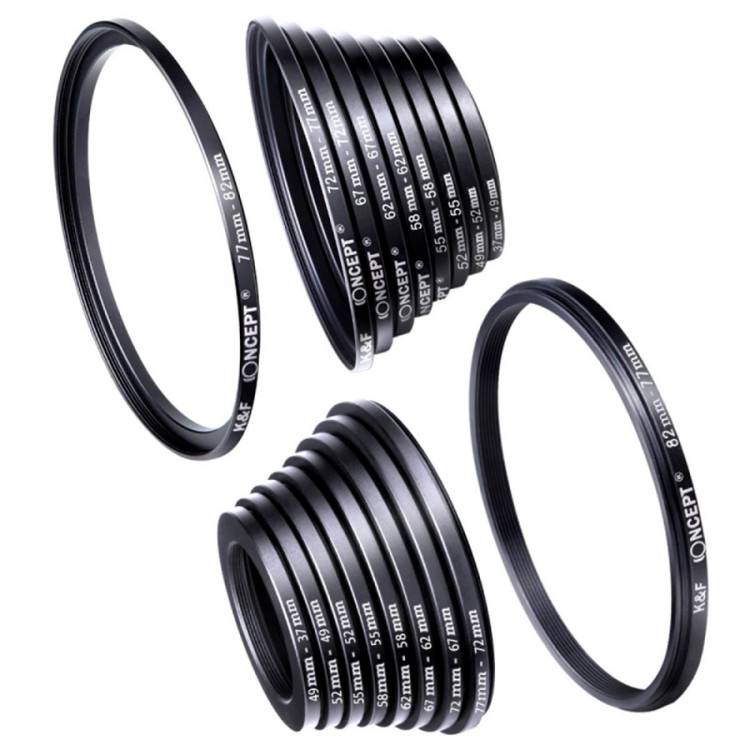 Kit universal de anéis adaptadores K&F Concept (Step Up + Step Down) 37-82 para filtro de lente (18 peças)