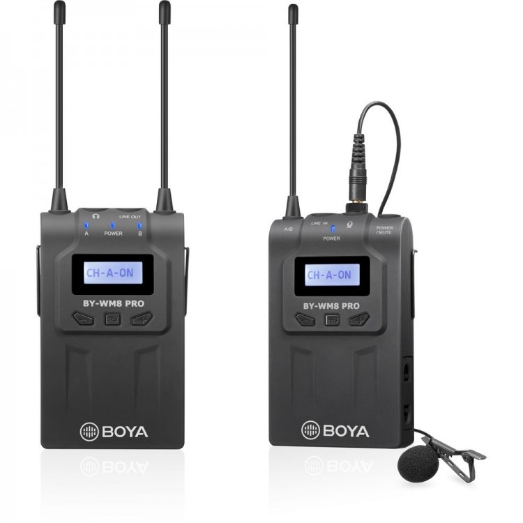 Microfone de lapela sem fio Boya BY-WM8 Pro-K2 UHF Dual Channel - Kit com 1 receptor e 2 transmissores