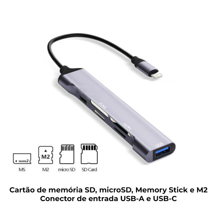 Leitor de cartão SD, micro SD e Memory Stick para iPhone Lightining
