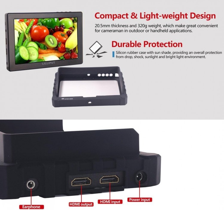 Tela LCD de monitoramento LILLIPUT A7S 7 polegadas Full HD para câmera de vídeo e DSLR