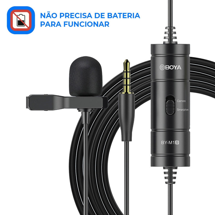 Microfone de lapela Boya BY-M1S para câmeras, smartphones, computadores e gravadores de áudio