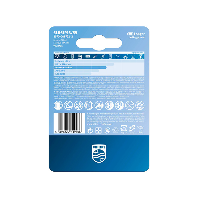 Pilha alcalina Philips 9V 6LR61P1B/59