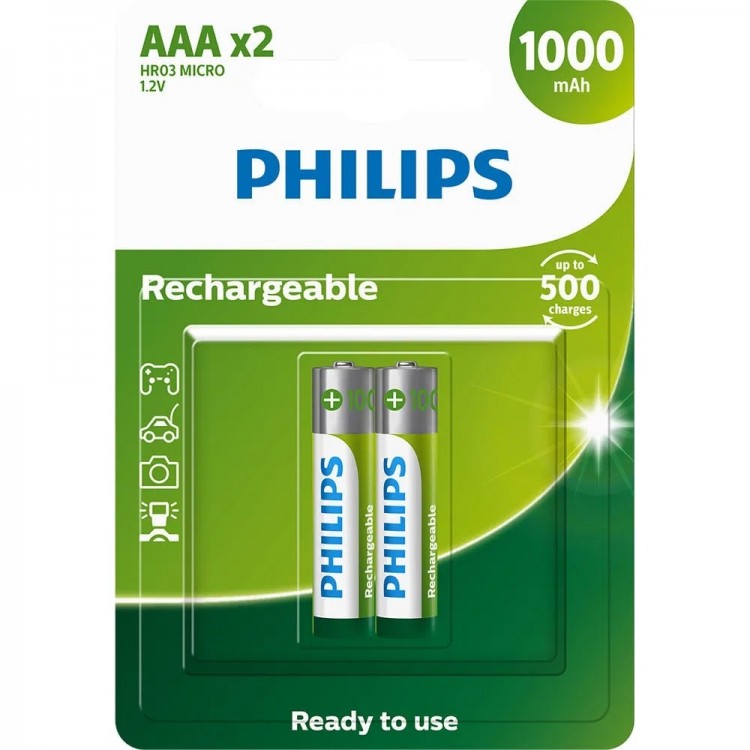 Pilha recarregável Philips AAA 1000mAh R03B2RTU10/59 cartela com 2 unidades