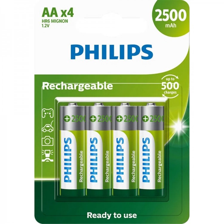 Pilha recarregável Philips AA 2500mAh R6B4RTU25/59 cartela com 4 unidades