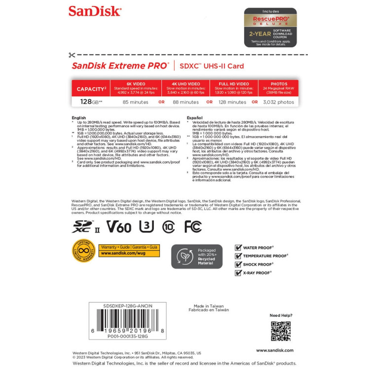 Cartão SDXC Sandisk UHS-II Extreme PRO 128GB - 280MB/s (V60)