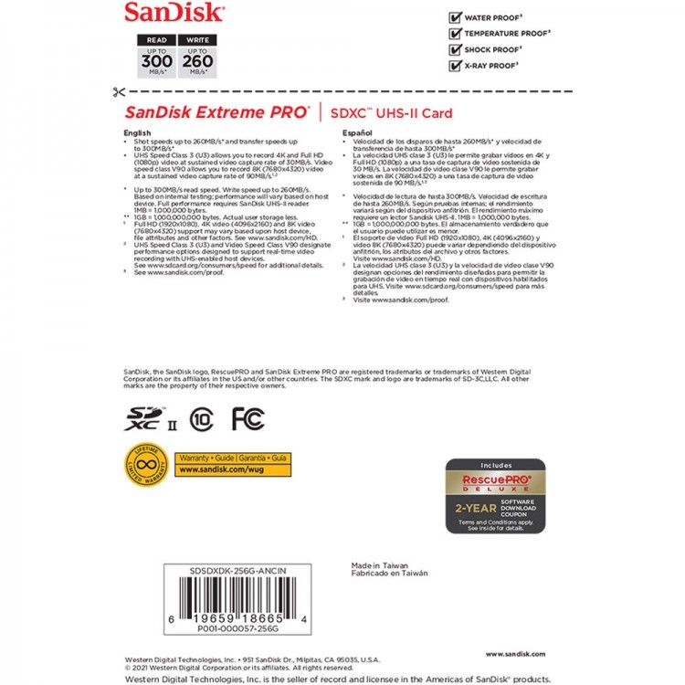 Cartão SDXC SanDisk Extreme PRO UHS-II 256GB - 300MB/s (V90)