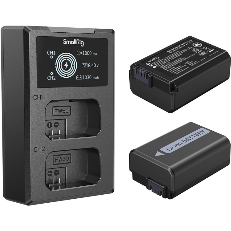 Carregador duplo SmallRig 3818 com duas baterias NP-FW50