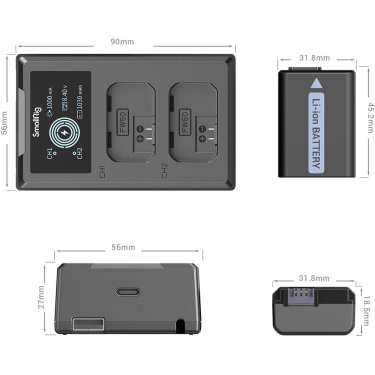 Carregador duplo SmallRig 3818 com duas baterias NP-FW50