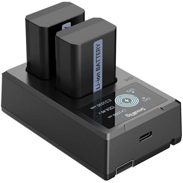 Carregador duplo SmallRig 3818 com duas baterias NP-FW50