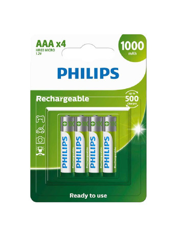 Pilha recarregável Philips AAA 1000mAh R03B4RTU10/59 cartela com 4 unidades