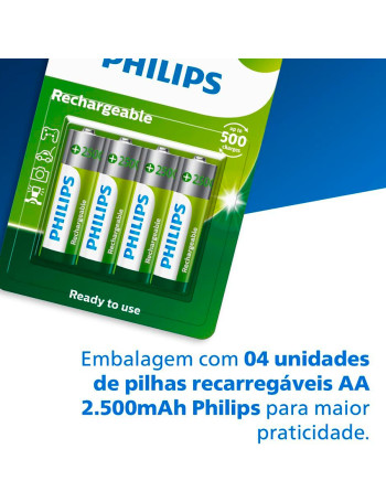 Pilha recarregável Philips AA 2500mAh R6B4RTU25/97 cartela com 4 unidades