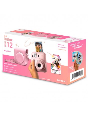 Kit câmera Instantânea Fujifilm instax mini 12 ROSA GLOSS + bolsa + filme macaron com 10 fotos