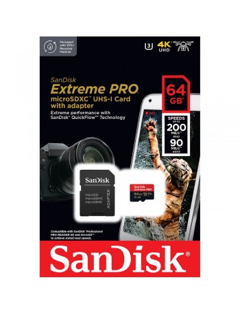 Cartão microSDXC Sandisk UHS-I Extreme PRO 64GB - 200MB/s (com adaptador SD)