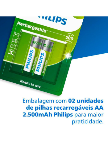 Pilha recarregável Philips AA 2500mAh R6B2RTU25/59 - cartela com 2 unidades