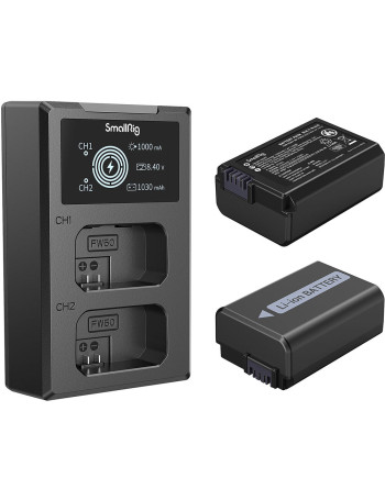 Carregador duplo SmallRig 3818 com duas baterias NP-FW50