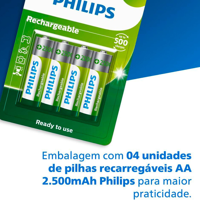 Pilha recarregável Philips AA 2500mAh R6B4RTU25/97 cartela com 4 unidades