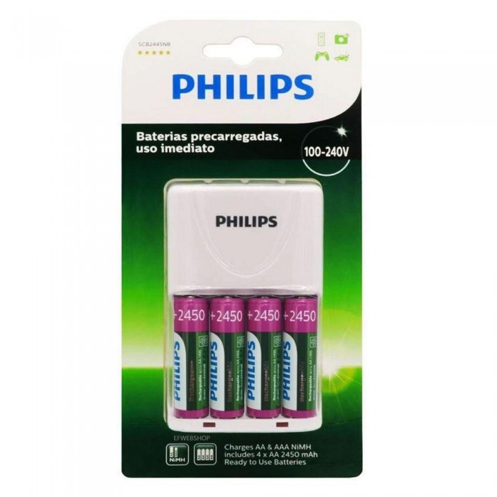 Carregador de pilhas Philips SCB2445NB com 4 pilhas AA 2450mAh