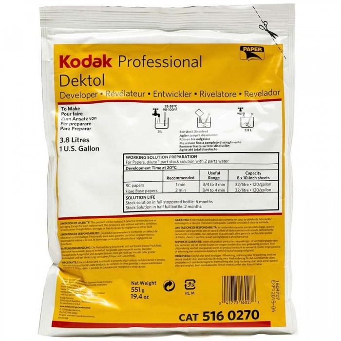 Revelador em pó Kodak Dektol para papel fotográfico preto e branco - 551g (rende 3,8 litros)