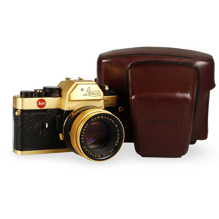 Câmera analógica 35mm Leica R3 Electronic GOLD com lente Summilux-R 50mm f1.4 (Edição comemorativa de 100 anos do nascimento de Oskar Barnack) - USADO