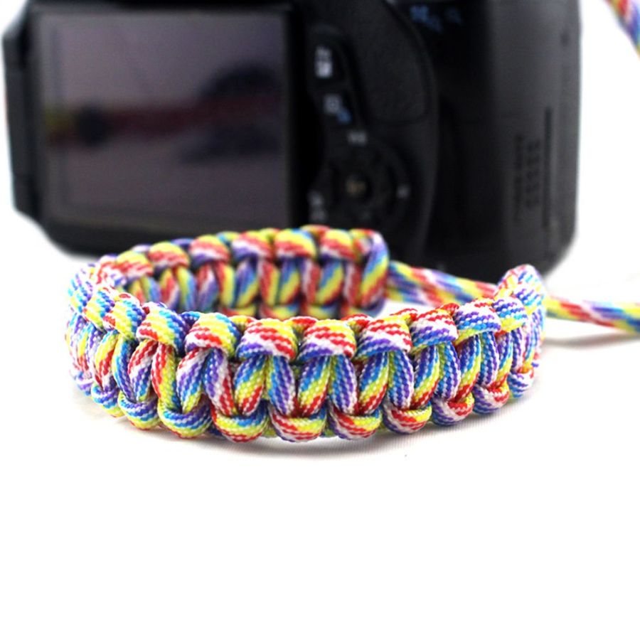 Alça de pulso de nylon tipo paracord para câmera fotográfica - arco-íris