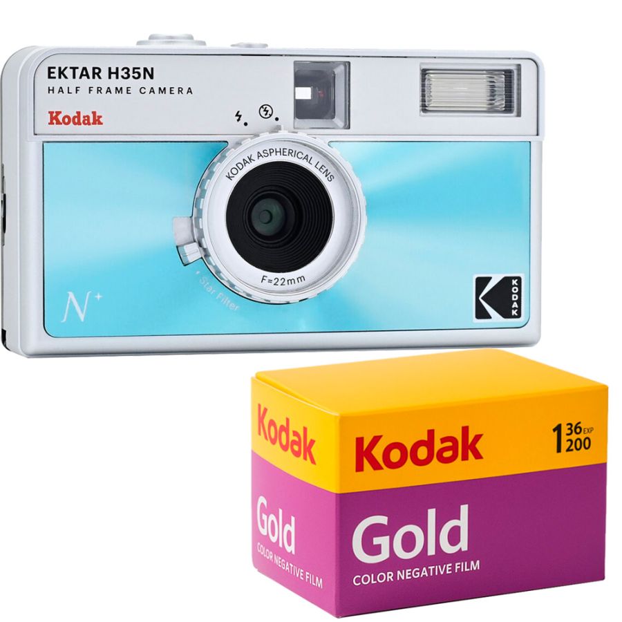 Câmera analógica compacta 35mm Kodak Ektar H35N (AZUL) + Filme Kodak Gold 36 poses