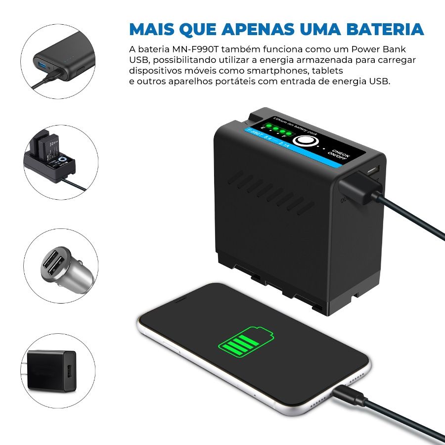 Bateria recarregável MN-F990T multifuncional com saída USB