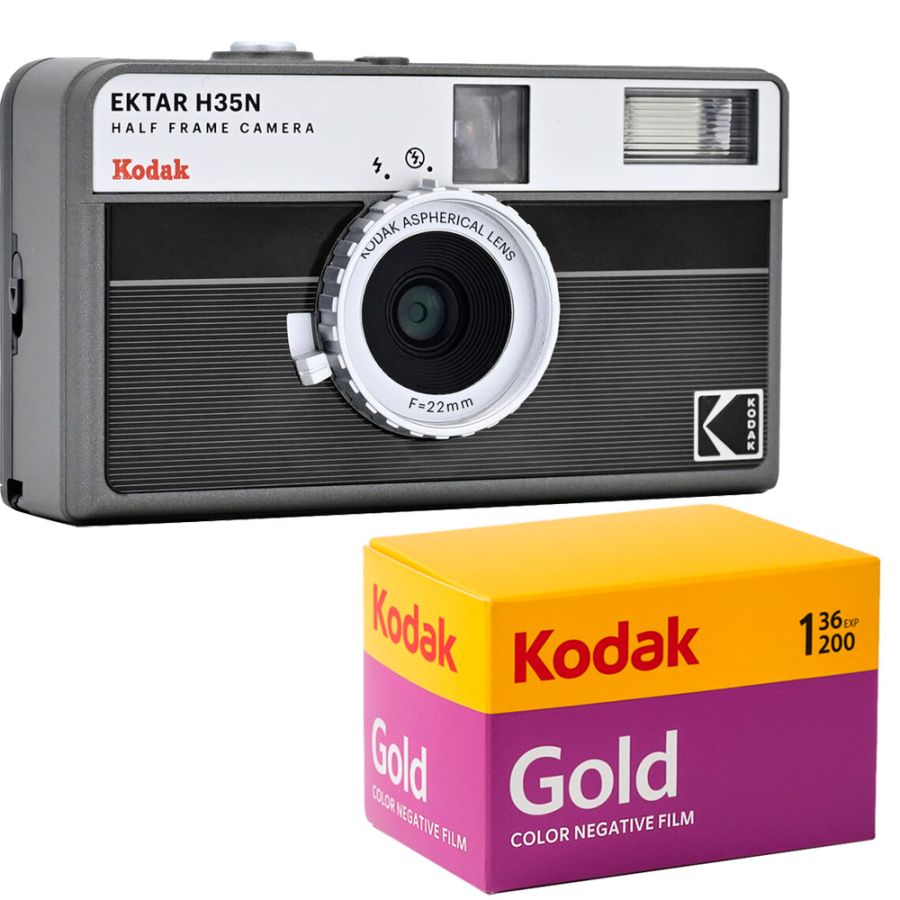 Câmera analógica compacta 35mm Kodak Ektar H35N (PRETO) + Filme Kodak Gold 36 poses