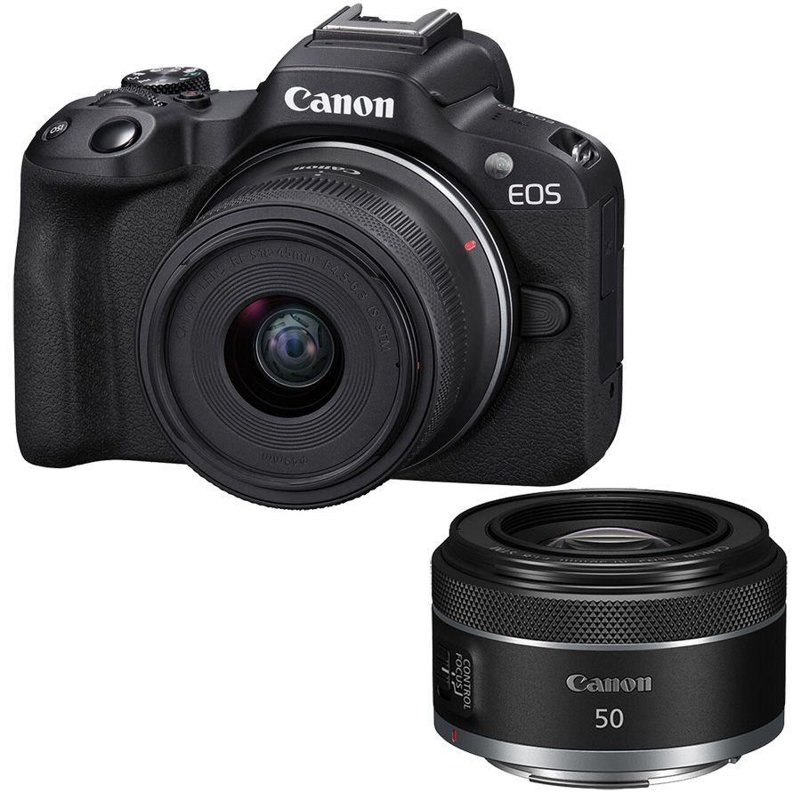 Câmera Canon EOS R50 com RF-S 18-45mm IS STM + RF 50mm f1.8 STM