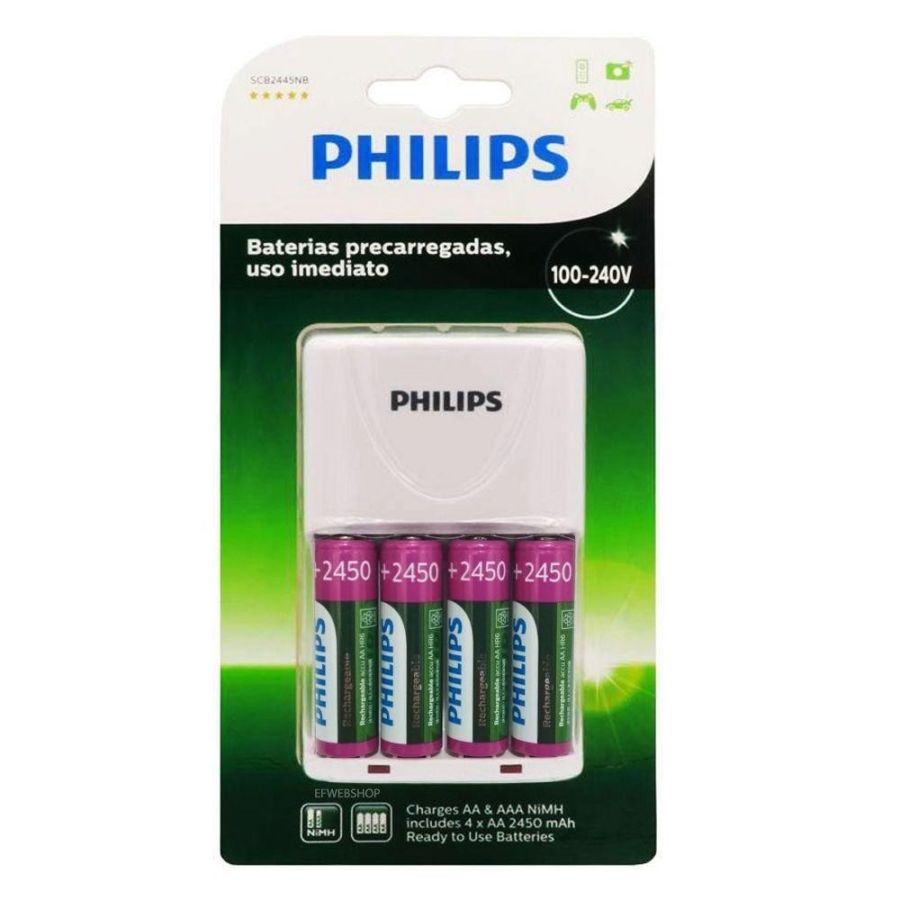 Carregador de pilhas Philips SCB2445NB com 4 pilhas AA 2450mAh