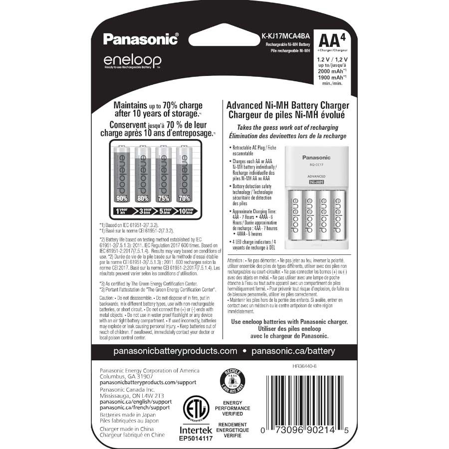 Carregador de pilhas Panasonic eneloop com 4 pilhas AA 2000mAh (K-KJ17MCA4BA)