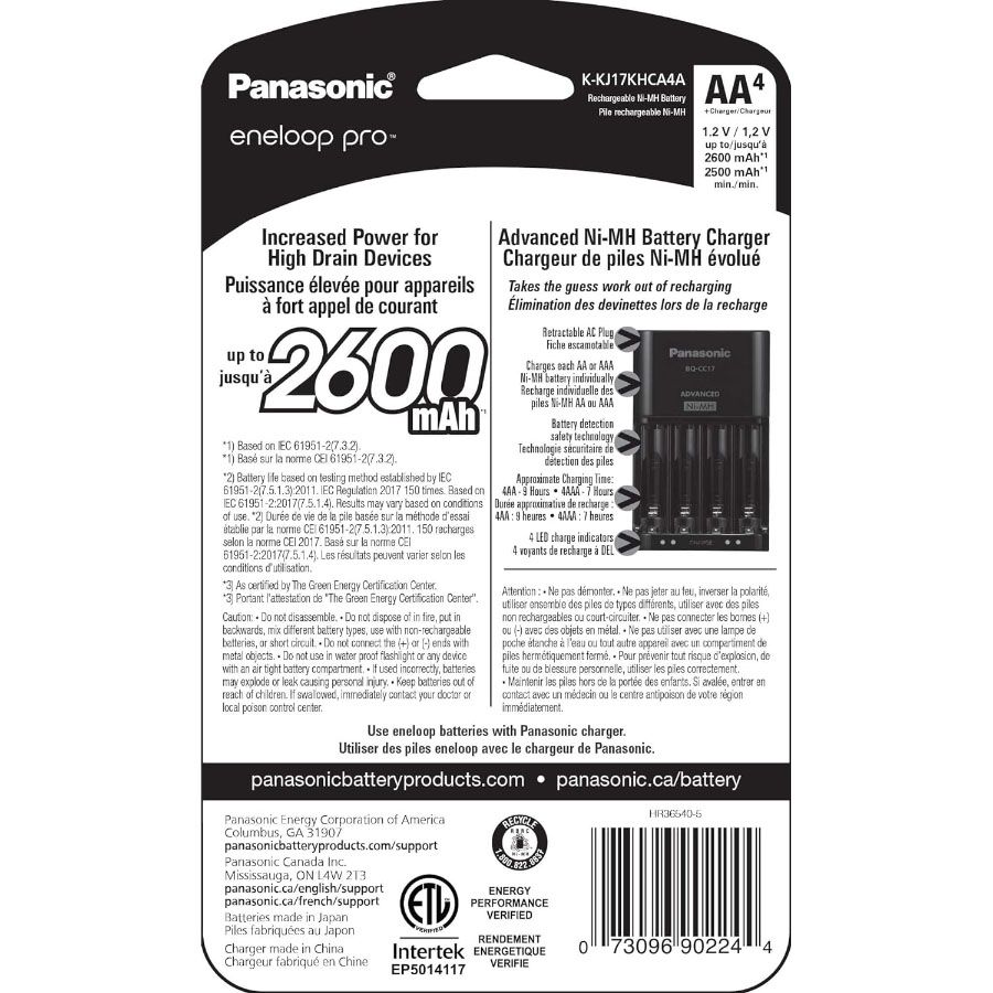 Carregador de pilhas Panasonic eneloop pro com 4 pilhas AA 2600mAh (K-KJ17KHCA4)