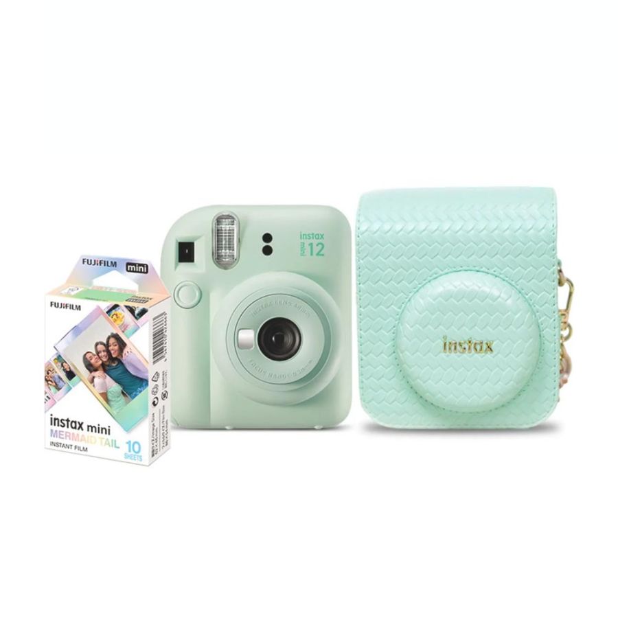 Kit câmera Instantânea Fujifilm instax mini 12 VERDE MENTA + bolsa + filme Mermaid Tail com 10 fotos