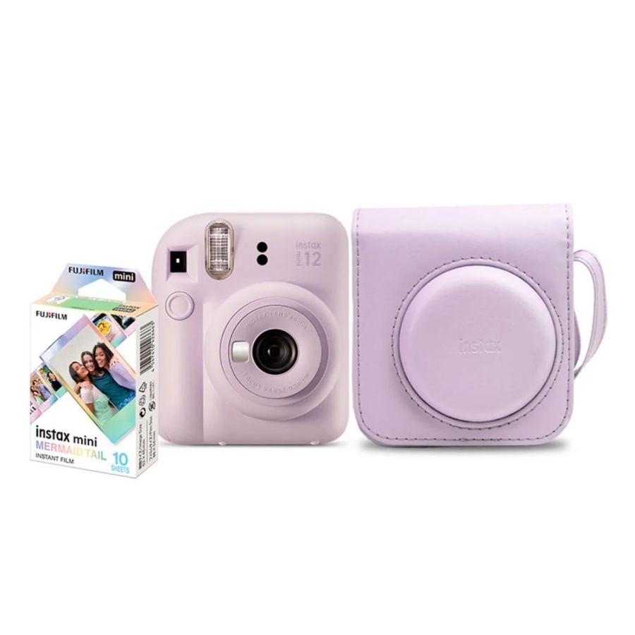 Kit câmera Instantânea Fujifilm instax mini 12 LILÁS CANDY + bolsa + filme Mermaid Tail com 10 fotos
