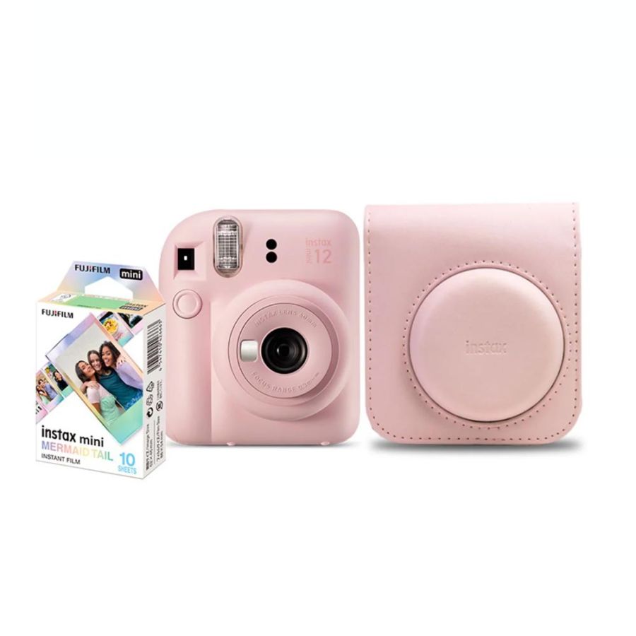 Kit câmera Instantânea Fujifilm instax mini 12 ROSA GLOSS + bolsa + filme Mermaid Tail com 10 fotos