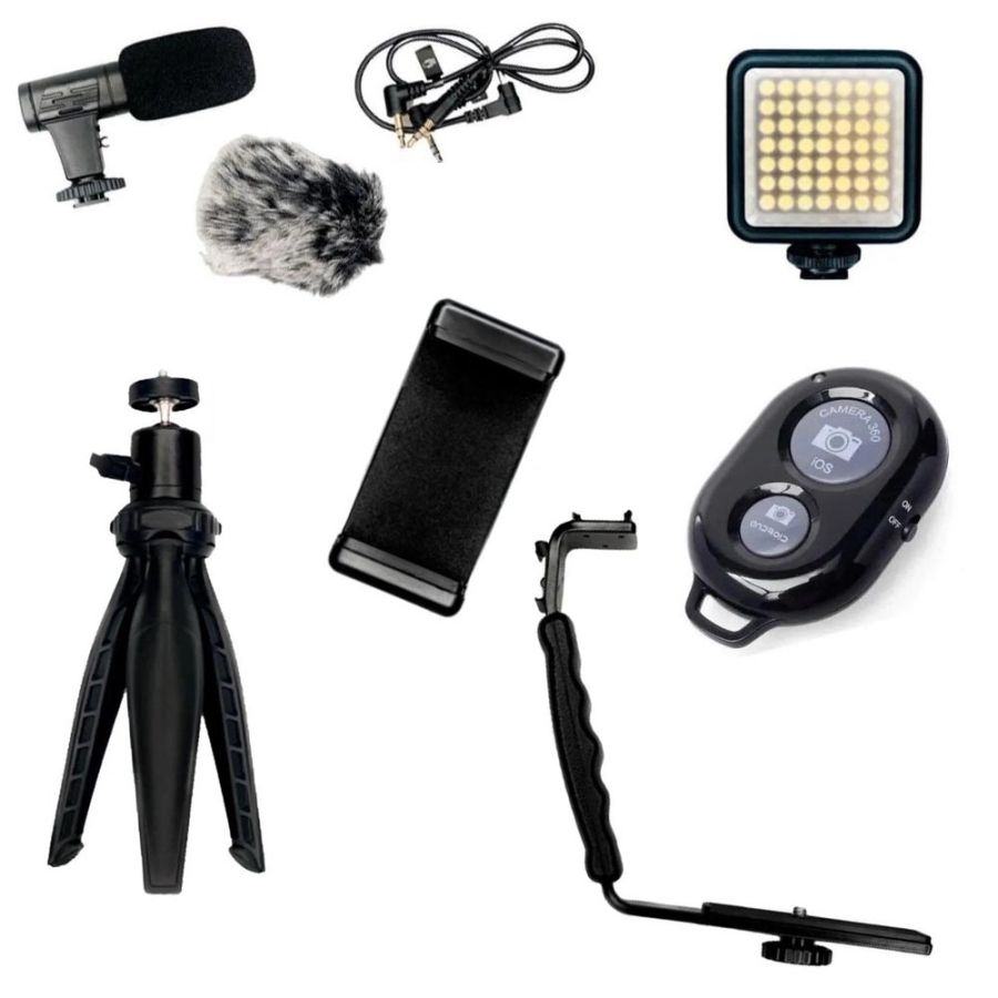 Kit de acessórios 6 em 1 Greika para Live e Vlog com microfone e LED