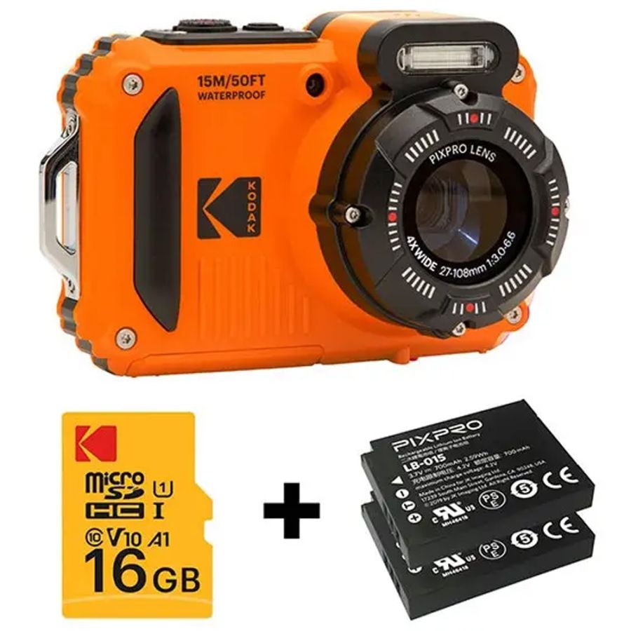 Câmera compacta Kodak PIXPRO WPZ2 à prova d'água (LARANJA) - kit com 2 baterias e cartão de 16GB