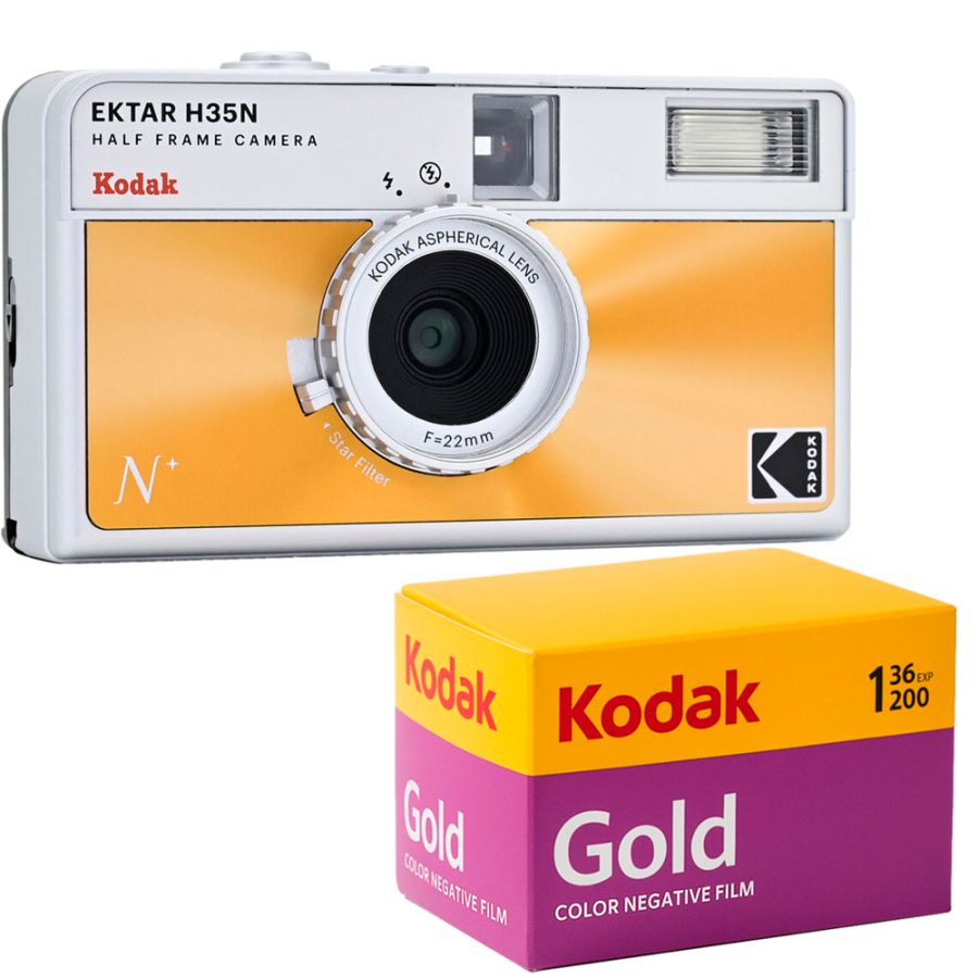 Câmera analógica compacta 35mm Kodak Ektar H35N (LARANJA) + Filme Kodak Gold 36 poses