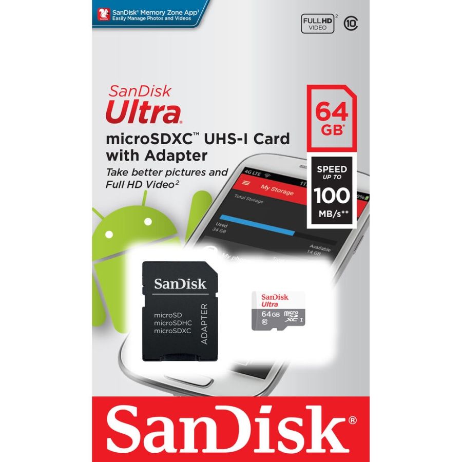 Cartão microSDXC Sandisk UHS-I Ultra 64GB - 100MB/s (com adaptador SD)