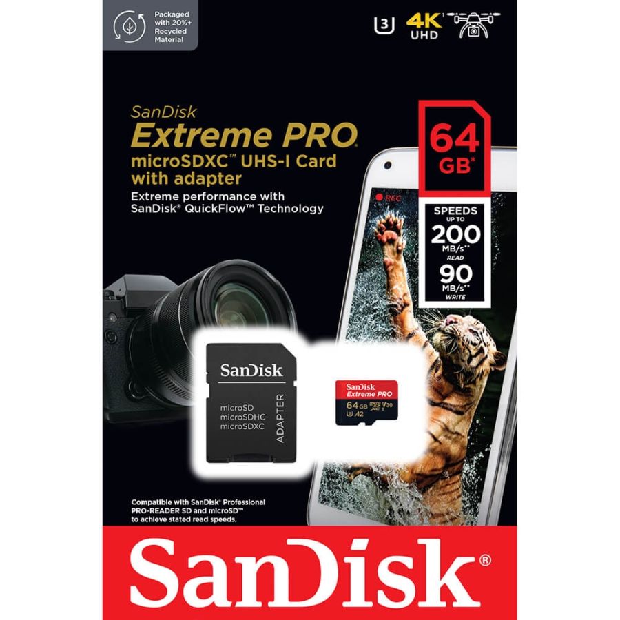 Cartão microSDXC Sandisk Extreme PRO UHS-I 64GB - 200MB/s (com adaptador SD) (V30)