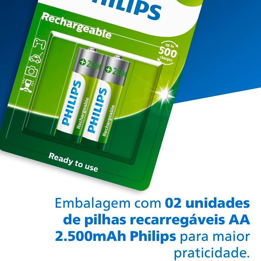 Pilha recarregável Philips AA 2500mAh R6B2RTU25/97 - cartela com 2 unidades