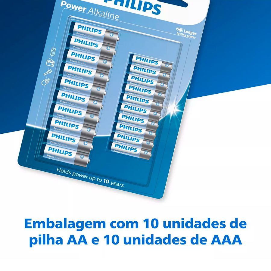Pilha alcalina Philips AA e AAA LR036P20BP/59 - cartela com 20 unidades