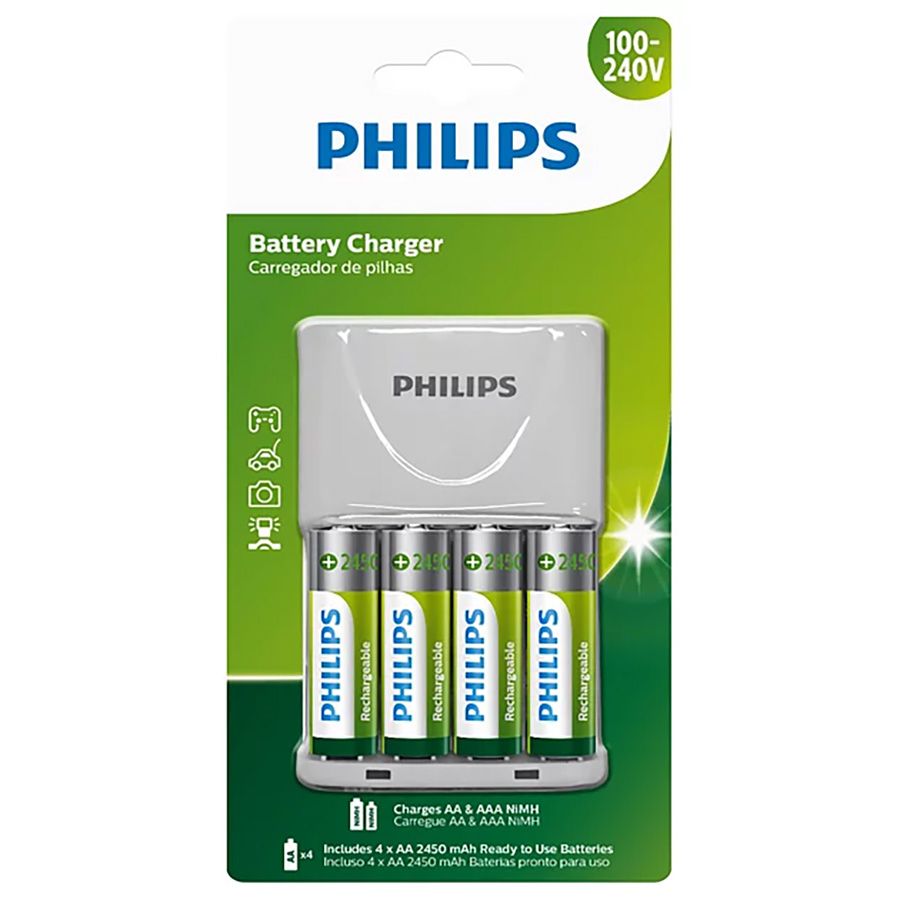 Carregador de pilhas Philips SCB2445NB com 4 pilhas AA 2450mAh