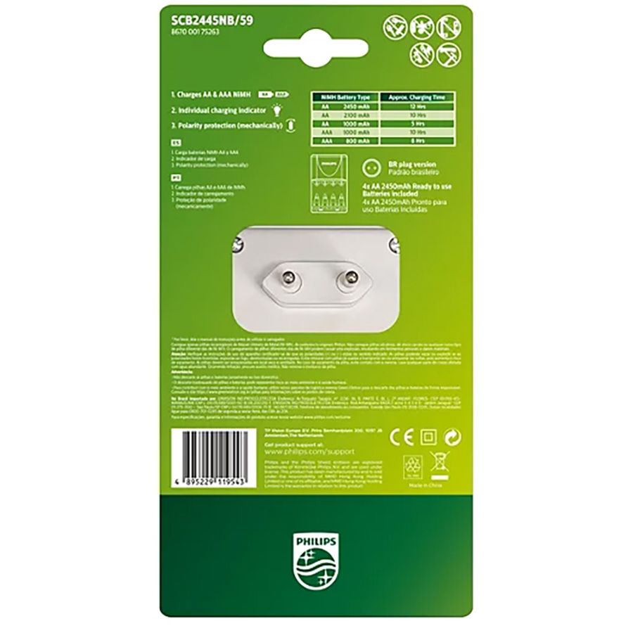 Carregador de pilhas Philips SCB2445NB com 4 pilhas AA 2450mAh